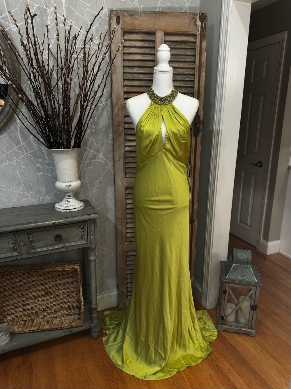 NWT Mac Duggal ‘70252’ Lime Green Beaded High Halter Evening Gown - 14